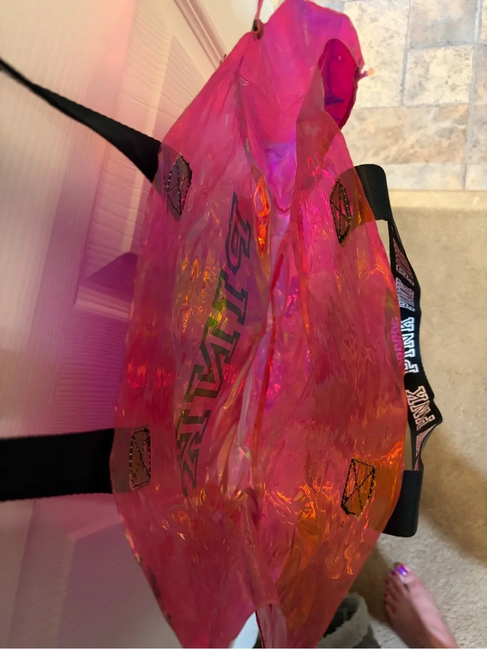 PINK Victoria's Secret Iridescent Hot Pink Tote with Black Straps